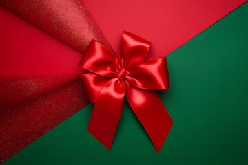 red gift bow Merry Christmas and Happy Holidays greeting card, frame, banner. New Year. Noel. Red and white Christmas decorations and g top view. Winter xmas holiday celebration