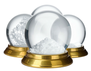 Four transparent glass orbs with gold bases, showcasing fluffy snow inside, on a plain background