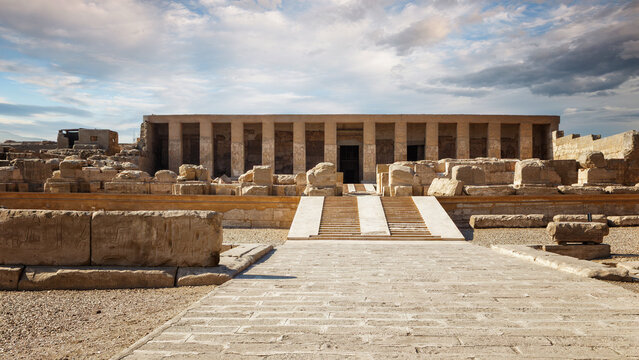 Front view of the main facade and entrance to the Temple of Hathor in Dendera, Egypt