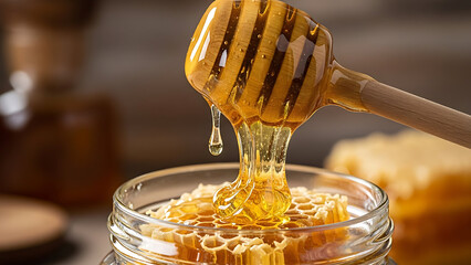 Golden honey dripping from a wooden dipper onto a honeycomb in a clear glass jar showcasing the natural sweetness and texture of fresh honey