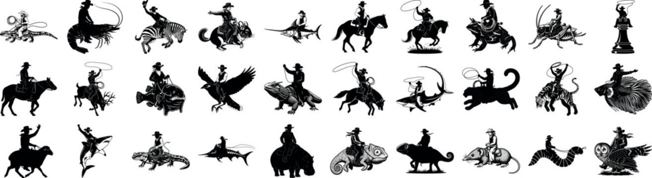 Silhouette cowboys riding various animals in a black and white art