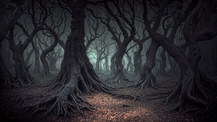 Obraz premium In a dark forest, tall, twisted trees stand with thick roots visible above the ground. A dim light filters through the dense foliage, creating a haunting and mysterious atmosphere at dusk