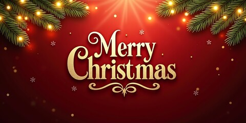 Golden merry christmas text with festive lights and fir branches on red background