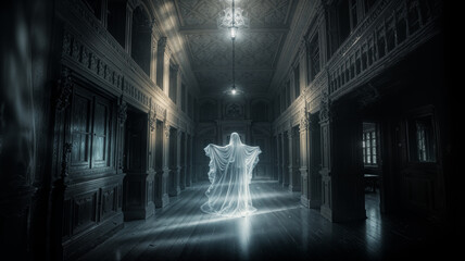 Fototapeta premium A ghostly figure stands silently in a dimly lit hallway of an old building. Its ethereal form glows softly, casting shadows on the intricate wooden walls