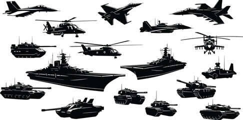 Obraz premium Dynamic collection of military hardware silhouettes featuring fighter jets helicopters tanks and powerful naval warships ready for defense concepts