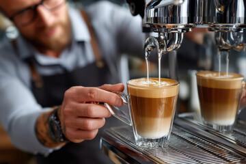 Barista prepares latte art in a cozy cafe during afternoon coffee rush