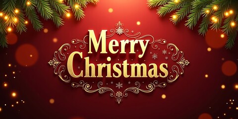 Elegant golden merry christmas text with festive lights and pine garland