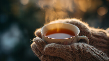 Hands Holding Warm Cup of Tea in Morning Light