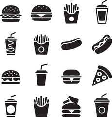 Black and white vector icon set of fast food menu