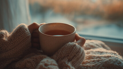 Hands Holding Warm Cup of Tea in Morning Light