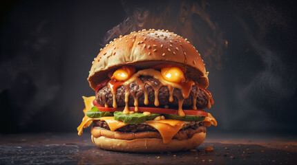 A cheeseburger with melted cheese, tomato slices, and lettuce is placed on a dark surface. Steam rises around the burger, creating an inviting atmosphere for food lovers