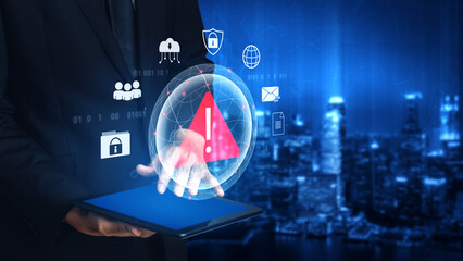 Red warning triangle representing a cybersecurity threat or data breach alert, surrounded by digital security and network protection icons, symbolizing cyber risk awareness Parse