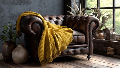 Elegant Chesterfield Sofa with Yellow Throw Blanket in Cozy Room.