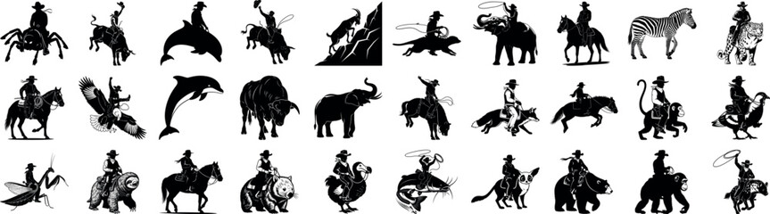 Naklejka premium Silhouette illustrations of cowboys riding various animals