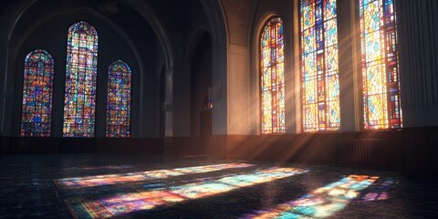 Sunlight Streaming Through Stained Glass Windows in a Church.