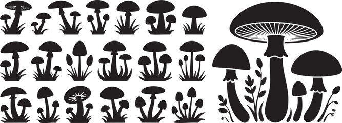 Black mushroom silhouette vector seamless pattern on a white background © MR JOKER
