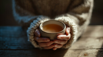 Hands Holding Warm Cup of Tea in Morning Light 