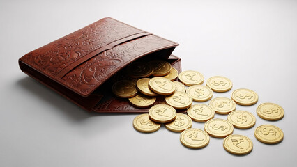 Golden Currency: Gold coins spill from a textured brown wallet, symbolizing wealth and financial prosperity. This image suggests monetary abundance. 