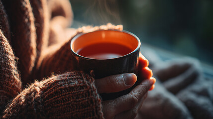 Hands Holding Warm Cup of Tea in Morning Light 