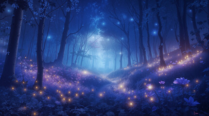 Obraz premium A dark forest shows glowing lights scattered among trees and flowers. The scene takes place at night with a blue and purple hue filling the surroundings