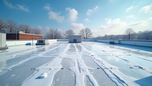 Flat rooftop covered in patches of melting snow and ice under a clear blue sky. HVAC units and pipes are visible on the surface. Bare trees form the background against a bright winter day.