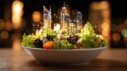 Creative Salad Presentation - A Cityscape of Flavor and Freshness.