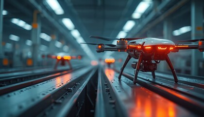 Automated drones inspect modern factory floor. Robotic quadcopters monitor production lines in industrial facility. Advanced technology enables efficient manufacturing and logistics.
