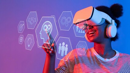 A woman joyfully interacts with a virtual reality headset, immersed in a digital environment filled with graphics and icons, highlighting technology impact on experience. Raster