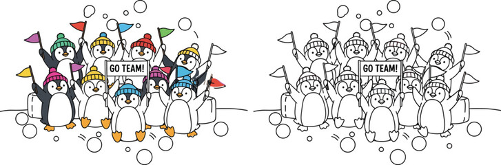 Cheerful Cartoon Penguin Team Cheering Winter Sports Fan Group