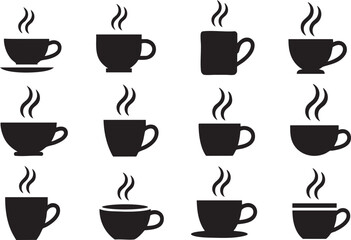 Collection of coffee cup silhouettes with steaming coffee graphic resource vector