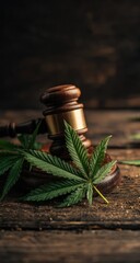 Cannabis Legalization - Gavel and Marijuana Leaf on Wooden Surface.