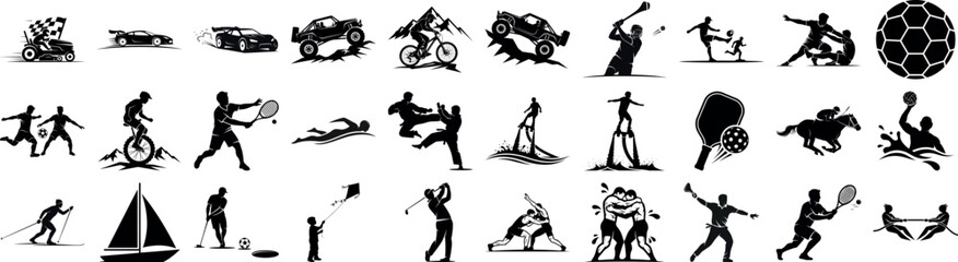 Obraz premium Black and white silhouette illustrations of various sports