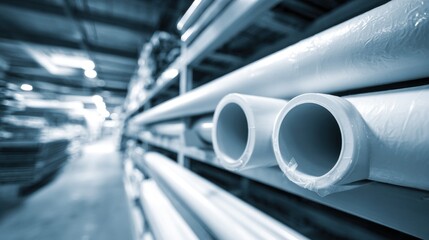 Close-up of white PVC pipes on metal shelves.