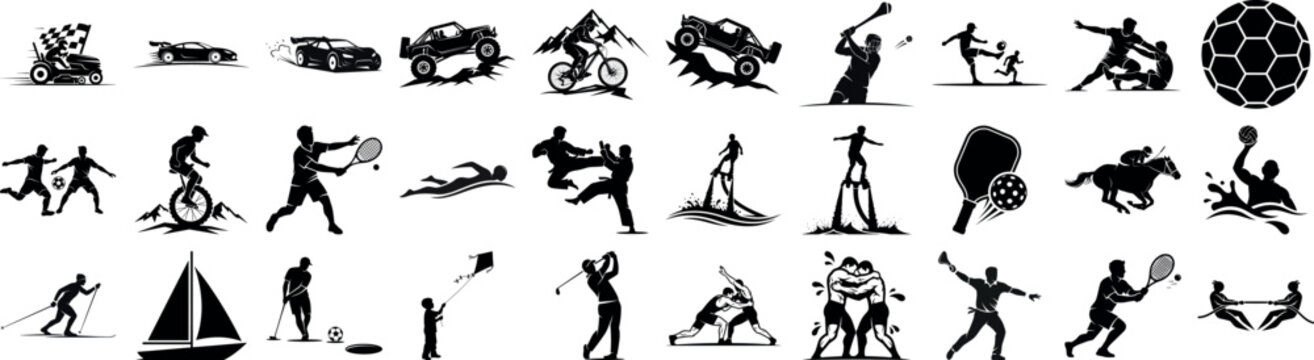Black and white silhouette illustrations of various sports