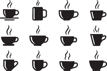 Collection of hot coffee and tea cups with steam in silhouette