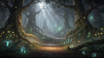 Obraz premium A forest path winds through tall trees with thick roots and vibrant ferns. Soft light shines from above, illuminating glowing mushrooms scattered along the ground. Fireflies hover in the air