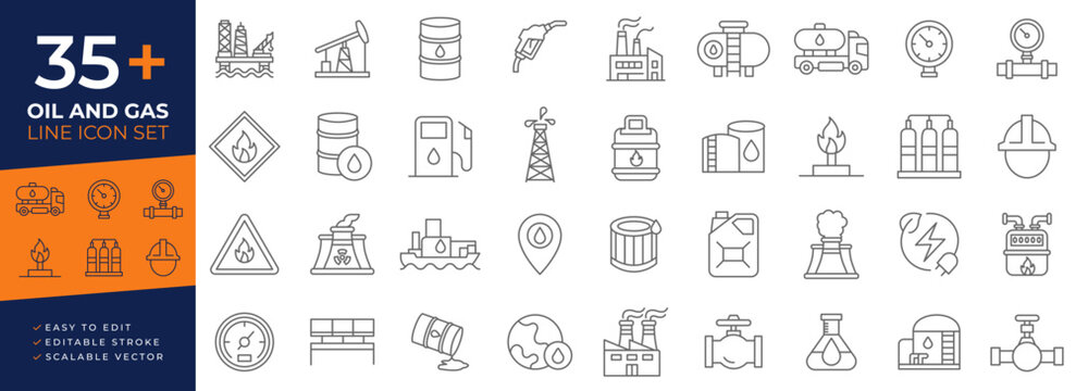 Oil and gas Icon set, editable stroke, and scalable vector line design featuring industrial production, energy, fuel, petroleum, production, transportation, and safety symbols and objects.