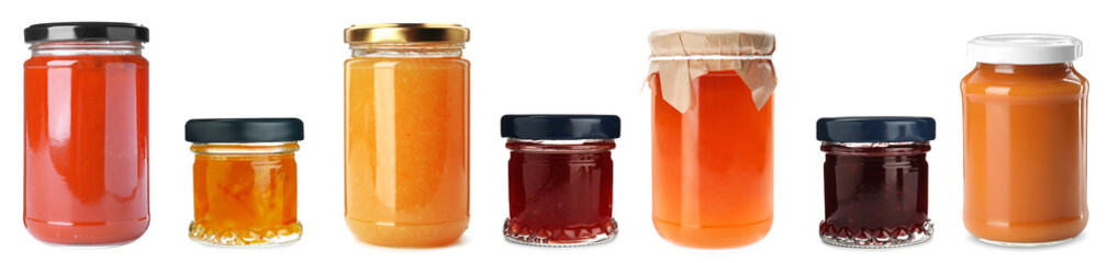 Collection of jars with different jams isolated on white