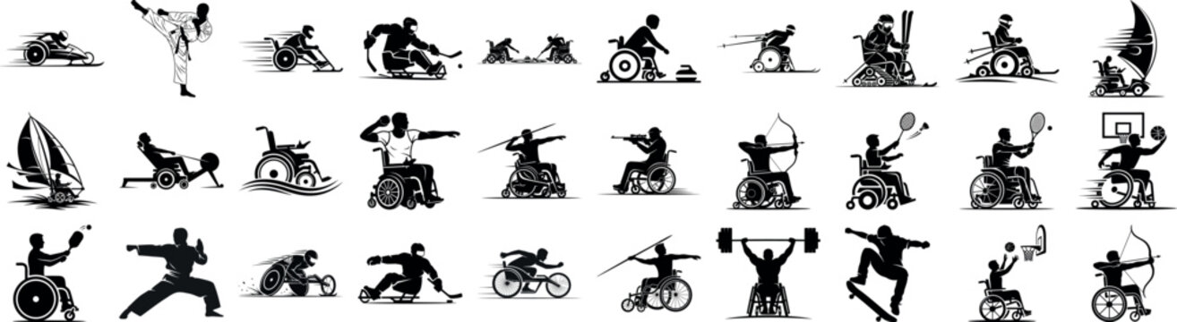 Various sports activities for people with disabilities icons set silhouette