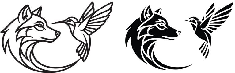 Fox and Hummingbird Logo Black and White Minimal Vector Emblem