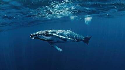 Fototapeta premium Humpback Whale Collection: Assorted Humpback Whale Shots (Close-Ups, Breeching, Gliding, Swimming) in Ocean Settings (Clear Blue Water, Sunset Skies, Deep Dark Seas) for Marine Wildlife, Nature, and A