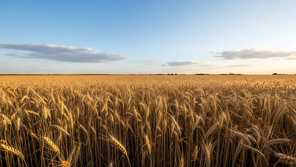 Golden wheat field under a vast blue sky with scattered clouds during a warm sunset showcasing the beauty of agriculture and nature s bounty