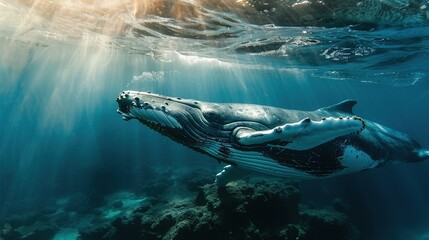 Fototapeta premium Humpback Whale Collection: Assorted Humpback Whale Shots (Close-Ups, Breeching, Gliding, Swimming) in Ocean Settings (Clear Blue Water, Sunset Skies, Deep Dark Seas) for Marine Wildlife, Nature, and A