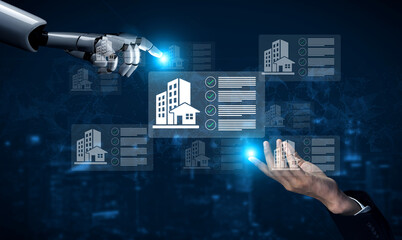 This image showcases a robotic hand interacting with digital real estate data, illustrating the...