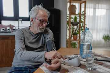 Elderly man checking his blood pressure at home using a digital monitor while sitting at a kitchen table