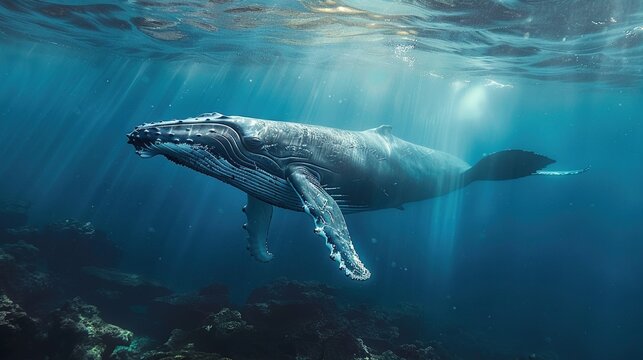 Humpback Whale Collection: Assorted Humpback Whale Shots (Close-Ups, Breeching, Gliding, Swimming) in Ocean Settings (Clear Blue Water, Sunset Skies, Deep Dark Seas) for Marine Wildlife, Nature, and A