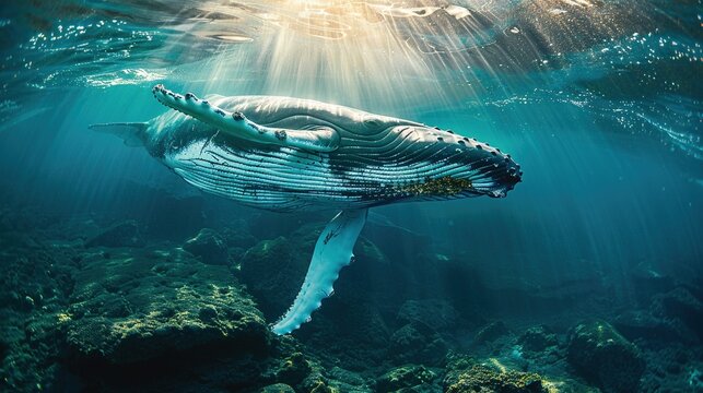 Humpback Whale Collection: Assorted Humpback Whale Shots (Close-Ups, Breeching, Gliding, Swimming) in Ocean Settings (Clear Blue Water, Sunset Skies, Deep Dark Seas) for Marine Wildlife, Nature, and A