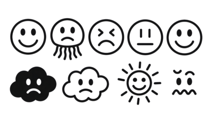 Black and white line art of various emotions and weather symbols