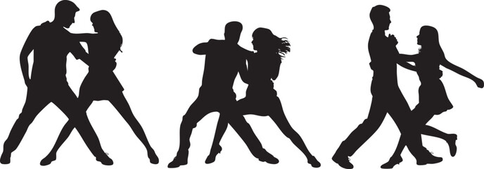 Elegant Couple Dancing Salsa Bachata Silhouette on a White Background