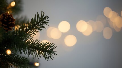 Close up of a decorated christmas tree branch with soft bokeh lights in the background
